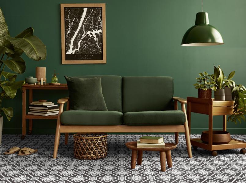 Gerflor Dekor Alma B&amp;W - Wohnzimmer Vintage Retro Grünes Sofa