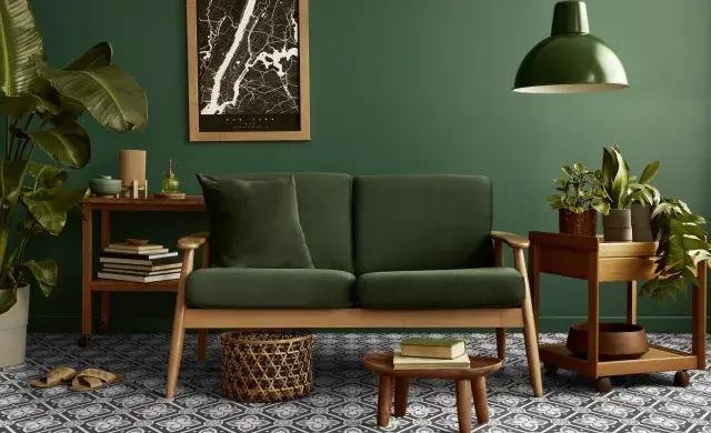 Gerflor Dekor Alma B&amp;W - Wohnzimmer Vintage Retro Grünes Sofa