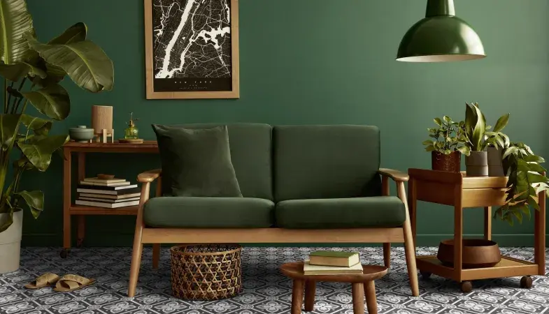 Gerflor Dekor Alma B&amp;W - Wohnzimmer Vintage Retro Grünes Sofa
